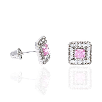 14K White Gold Square Color Gemstone Screw Back Halo Stud Earrings