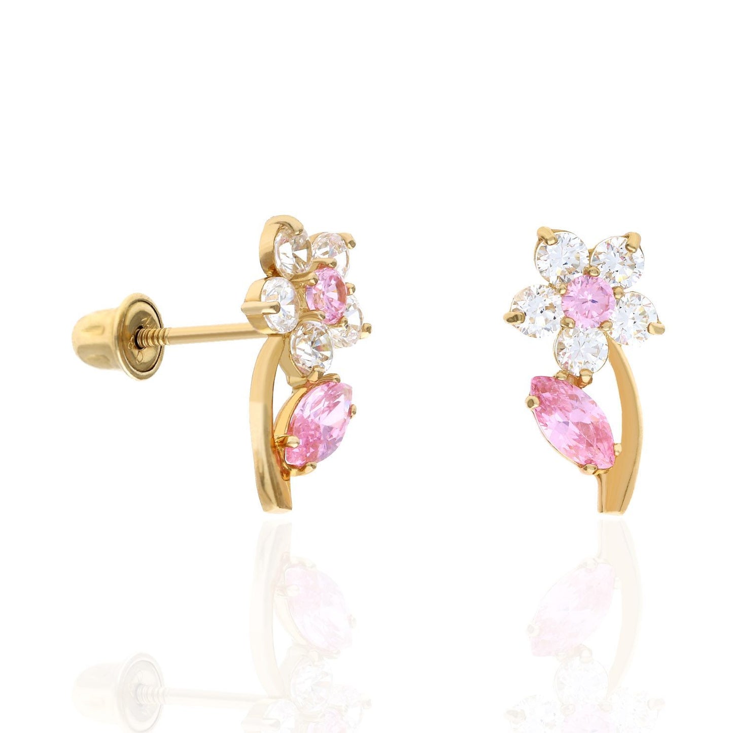 14K Yellow Gold Birthstone Flower Plant Screw Back Stud Earrings
