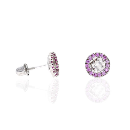 14K White Gold Diamond Cut Gemstone Round Halo 7mm Screw Back Stud Earrings