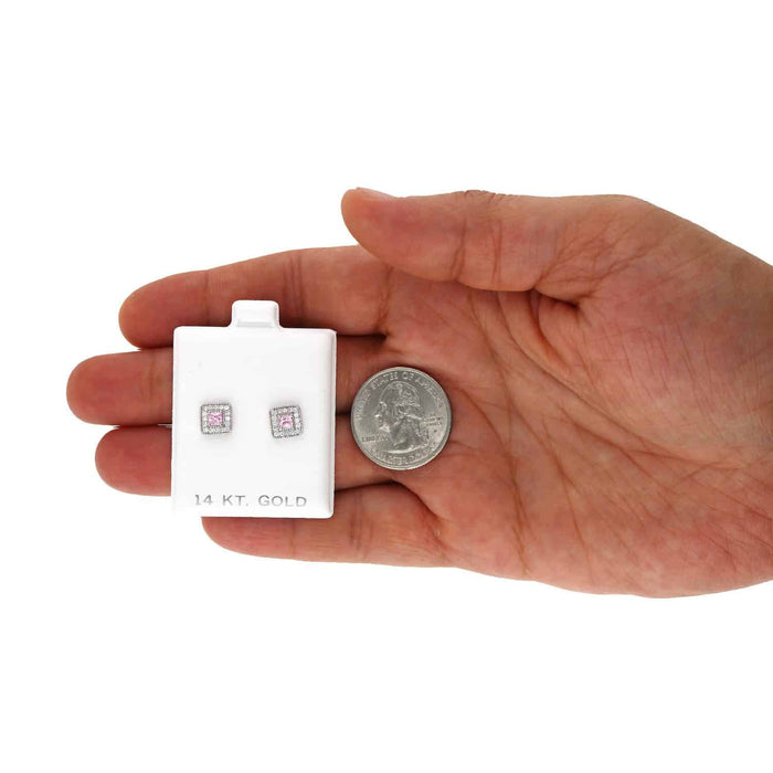 14K White Gold Square Color Gemstone Screw Back Halo Stud Earrings