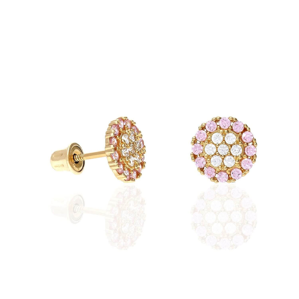 14K Gold Halo Round Cluster Screw Back CZ Birthstone Stud Earrings