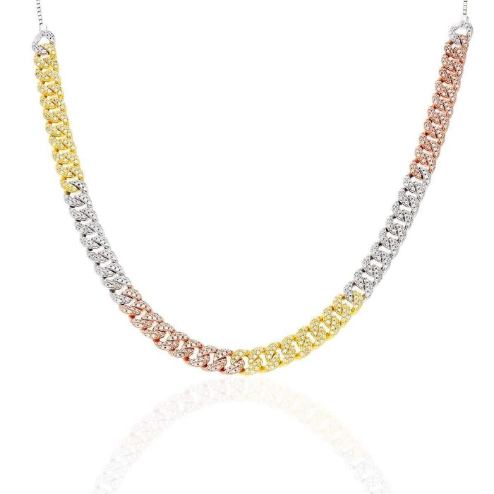 Gold Over Silver 6.5mm CZ Miami Necklace (Solid Links) 14"-22" Adjustable