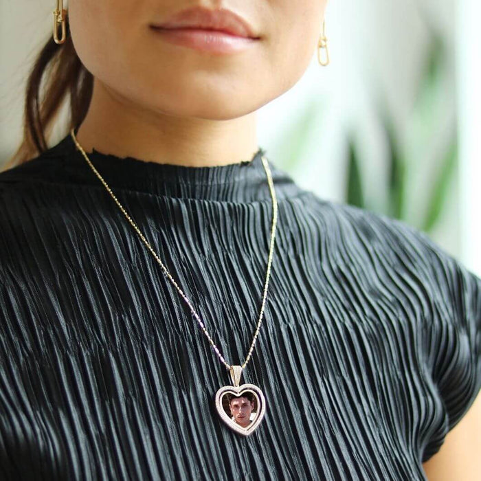 14K Yellow Gold CZ Frame Two - Sided Rotating Heart Picture Pendant - WJD Exclusives