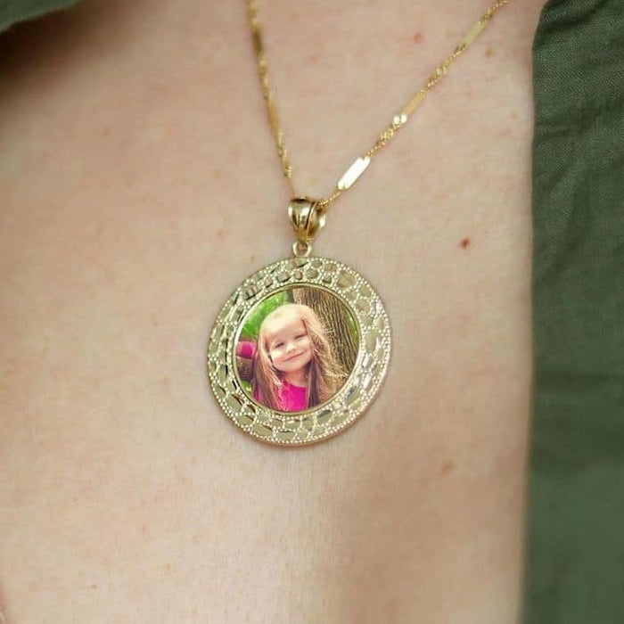 Customizable 10K Yellow Gold Nugget Picture Photo Memory Medallion Pendant 1.5" - WJD Exclusives
