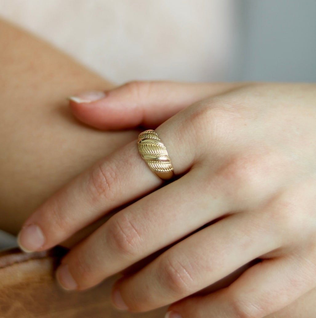 10K Real Gold Yellow 9mm Twisted Rope Croissant Dome Ring