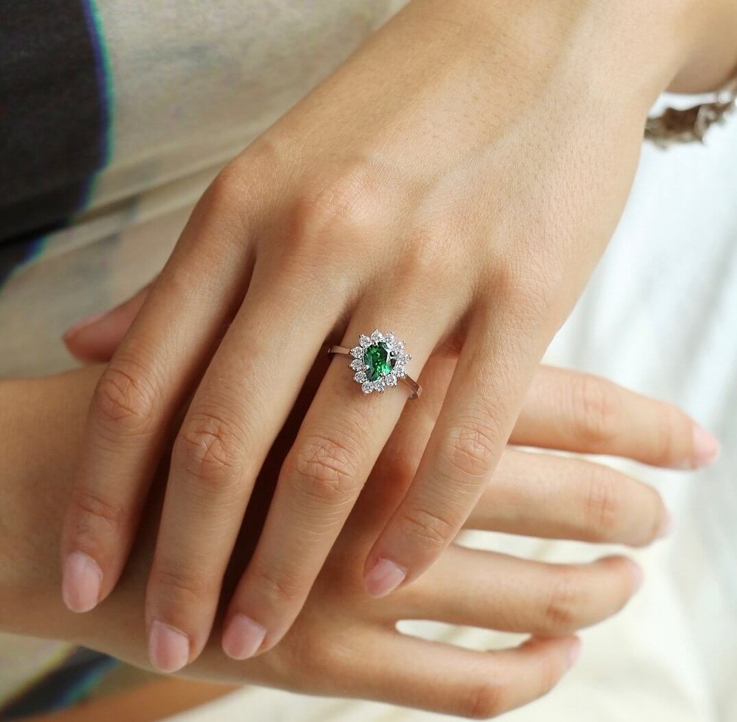 14K Gold White Emerald And Zirconia Pear Shape Cocktail Halo Ring
