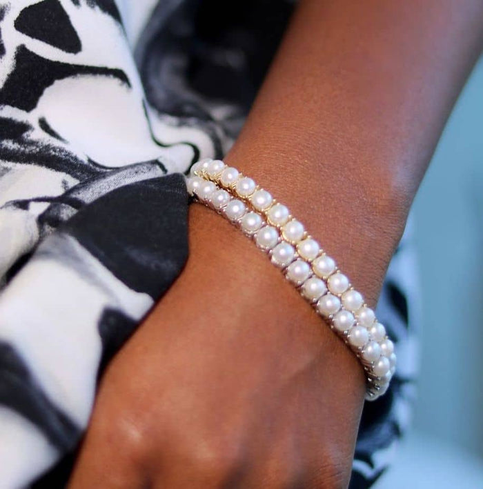 18K Gold Over Silver 5mm Cultured Pearl Tennis Bracelet 7" - WJD Exclusives