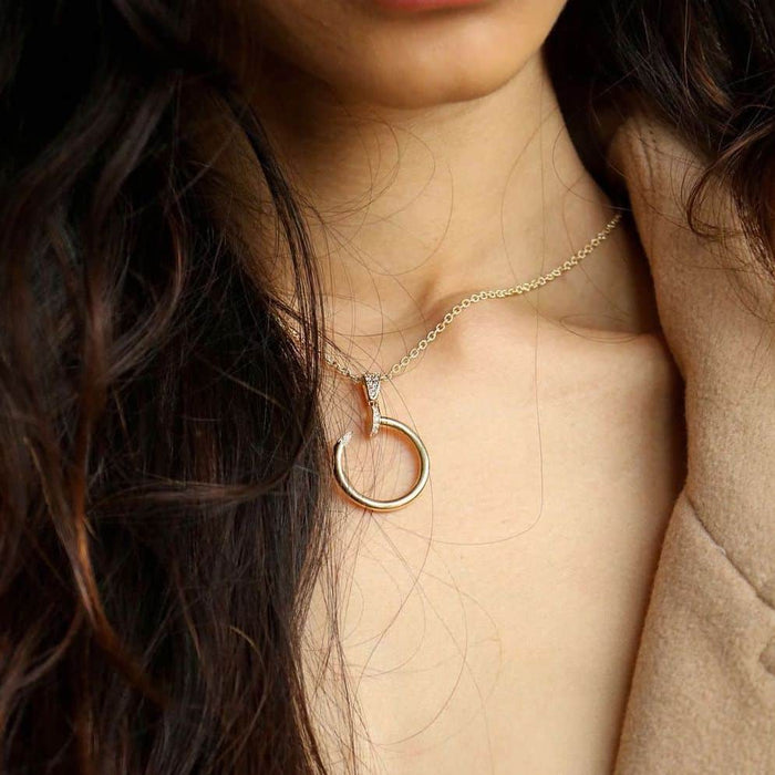 CZ 14K Yellow Gold Twisted Curved Nail Spike Pendant 1.3" 1.4" - WJD Exclusives