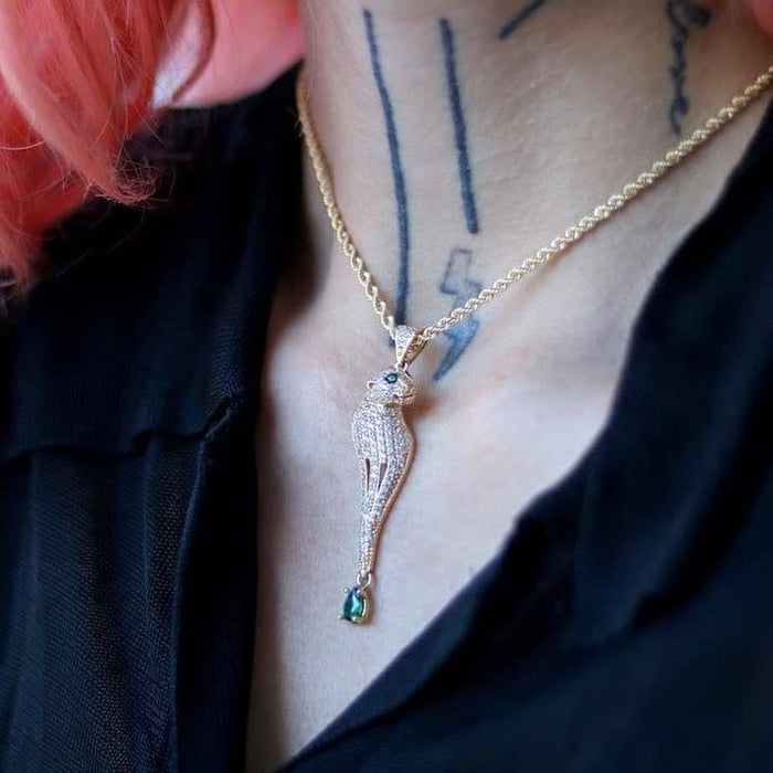 14K Yellow Gold CZ Pave Panther Pendant With Dangle Pear Emerald