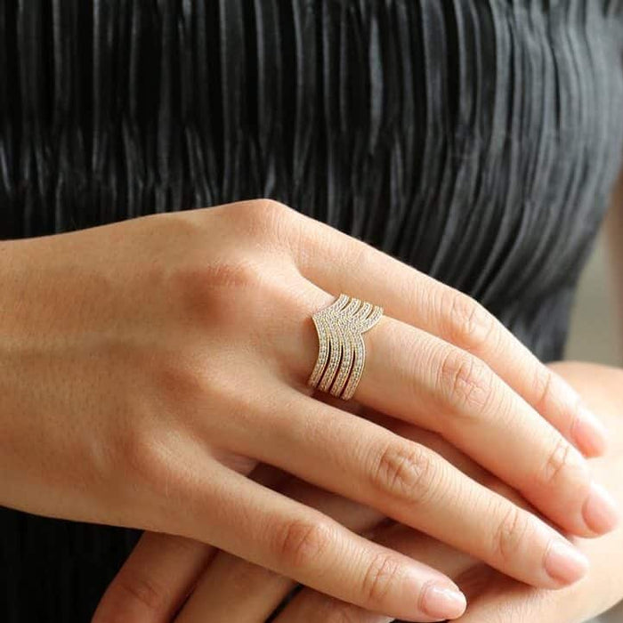 14K Yellow Gold CZ Pointed Chevron V - Shape Band Ring - WJD Exclusives