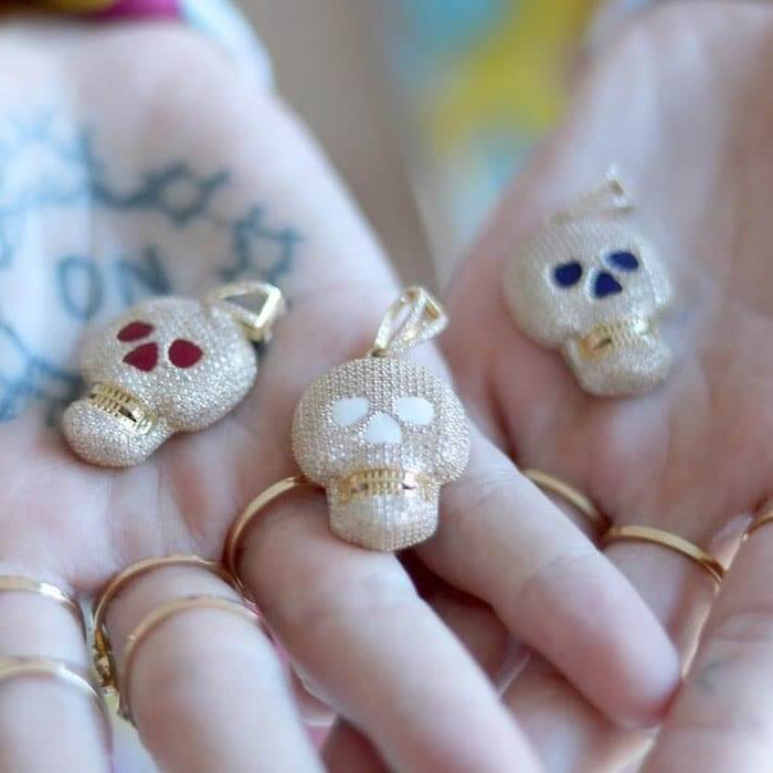 14K Yellow Gold CZ Pave Iced Out Classic Skull Pendant 1.6"