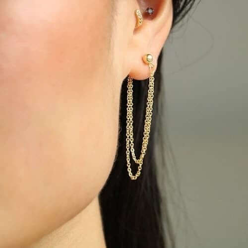 14K Yellow Gold Ball Diamond-Cut Cable Chain Push Back Drop Earrings 1.8"