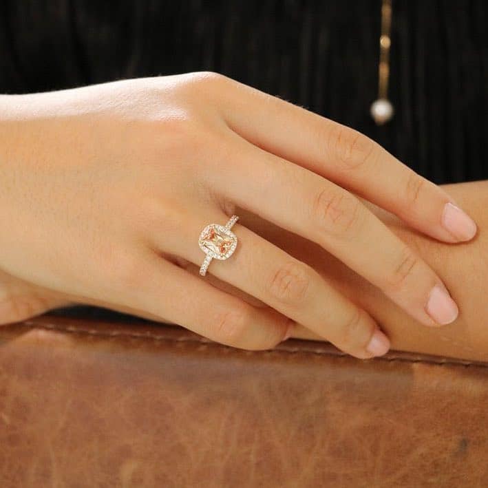 14K Gold CZ Emerald-Cut Champagne Halo Engagement Ring