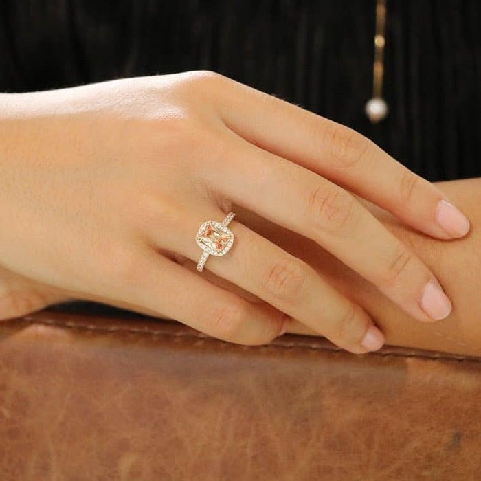 14K Gold CZ Emerald-Cut Champagne Halo Engagement Ring