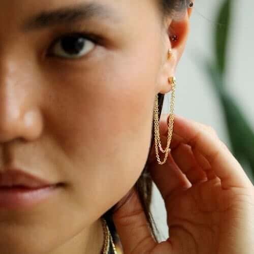 14K Yellow Gold Ball Diamond-Cut Cable Chain Push Back Drop Earrings 1.8"