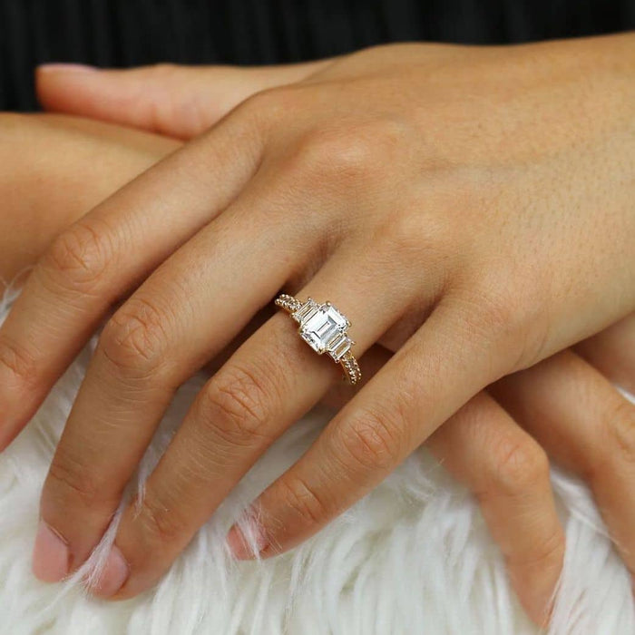 3Ct Emerald-Cut CZ Three-Stone Engagement Ring 14K Yellow Gold