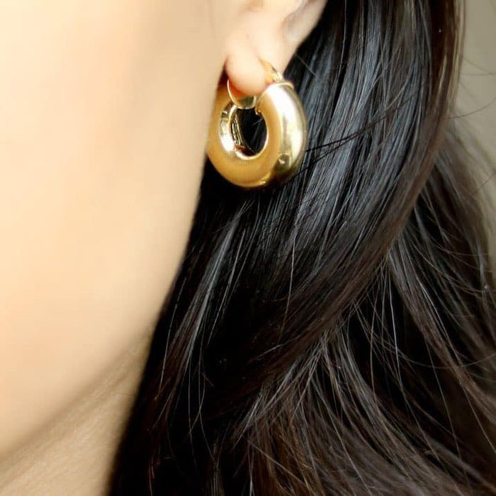 18K Yellow Gold Over Silver Puffed Hoop Earrings 25mm - WJD Exclusives