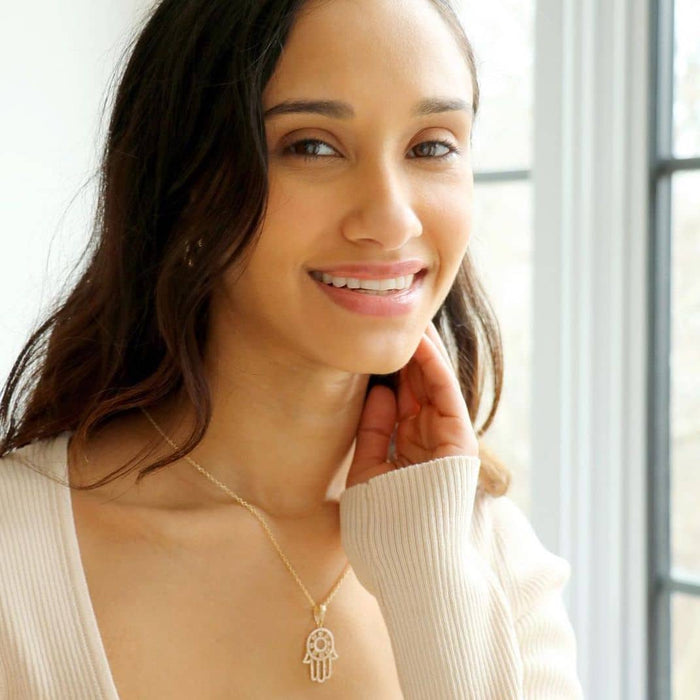 14K Yellow Gold Ruby Sapphire Zirconia Hamsa Pendant 1.5" - WJD Exclusives