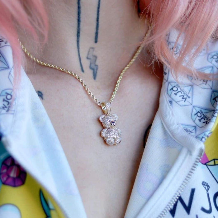 14K Yellow Gold CZ Pave Puffed Teddy Bear Pendant 1.3" - 1.5" - WJD Exclusives