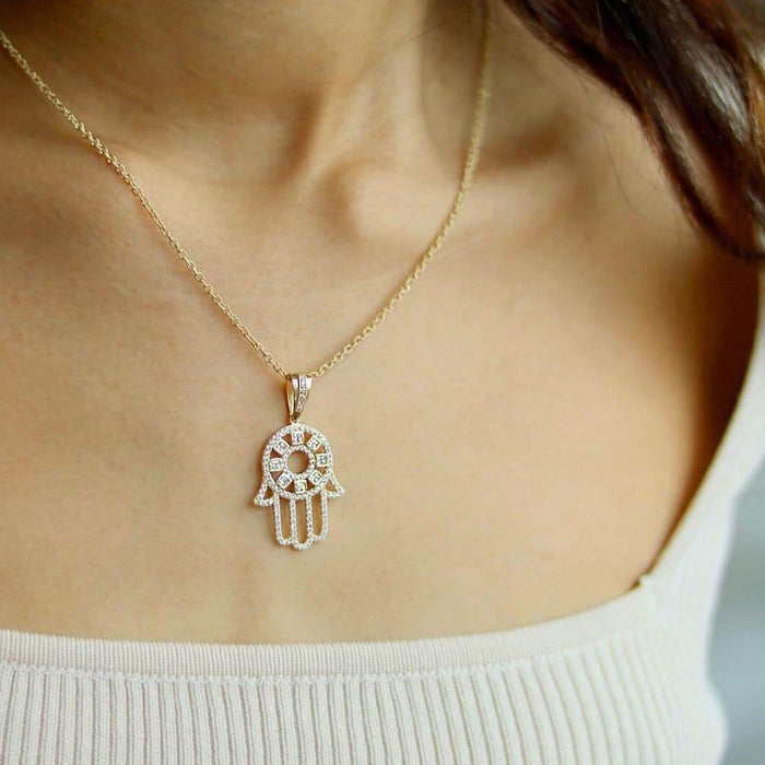 14K Yellow Gold Ruby Sapphire Zirconia Hamsa Pendant 1.5" - WJD Exclusives