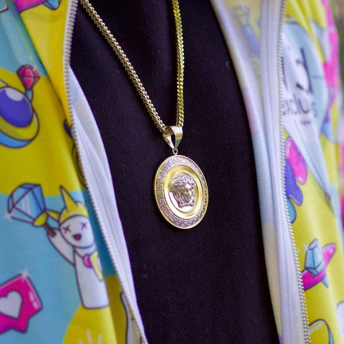 10K Yellow White Gold Medusa Head Round Hollow Medallion Pendant 1"-2.2"