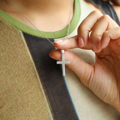 14K White Gold Religious Cross Pendant 1.2"