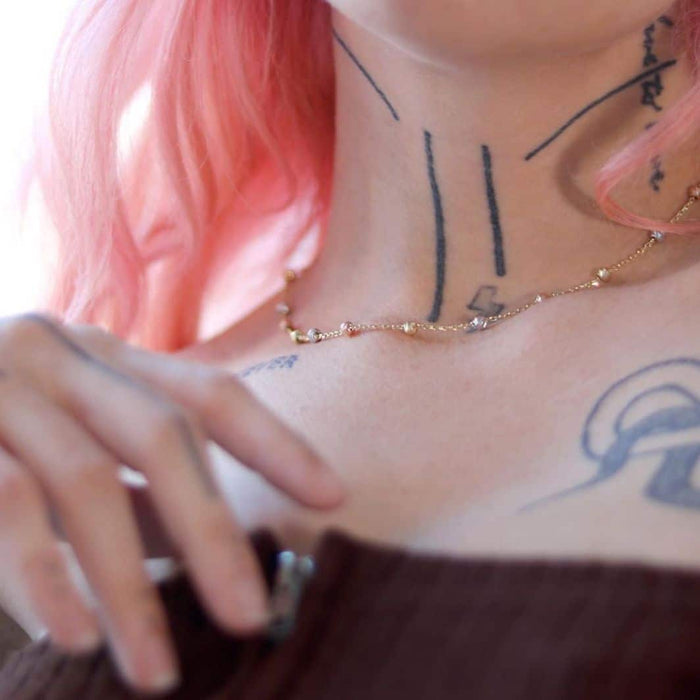 14K Gold Tri - Color Moon - Cut Ball Beads Station Necklace (Hollow) 17.5" - 18.5" Adjustable - WJD Exclusives