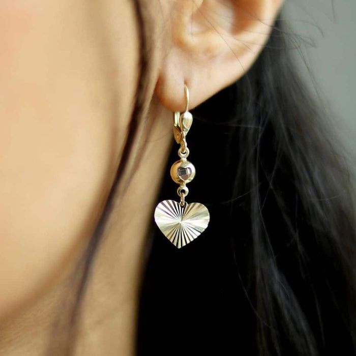 14K Yellow Gold CZ Diamond-Cut Heart Leverback Earrings 35mm