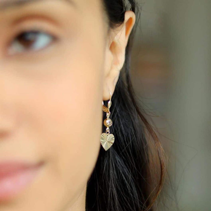 14K Yellow Gold CZ Diamond-Cut Heart Leverback Earrings 35mm