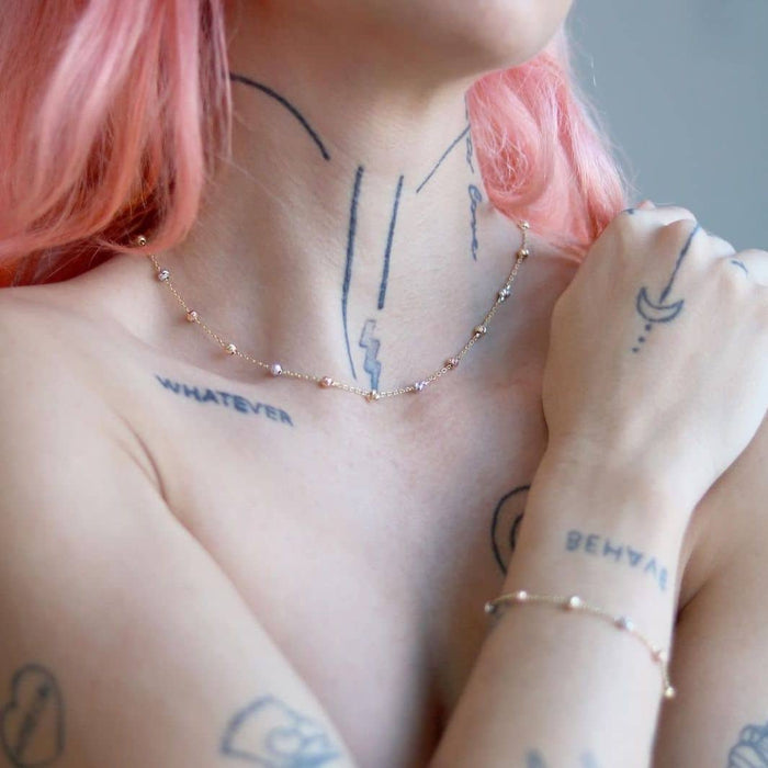 14K Gold Tri - Color Moon - Cut Ball Beads Station Necklace (Hollow) 17.5" - 18.5" Adjustable - WJD Exclusives