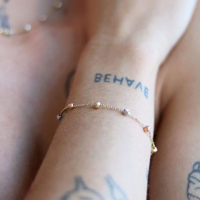 14K Gold Tri - Color Moon - Cut Ball Beads Station Bracelet (Hollow) 7" - 8" Adjustable - WJD Exclusives