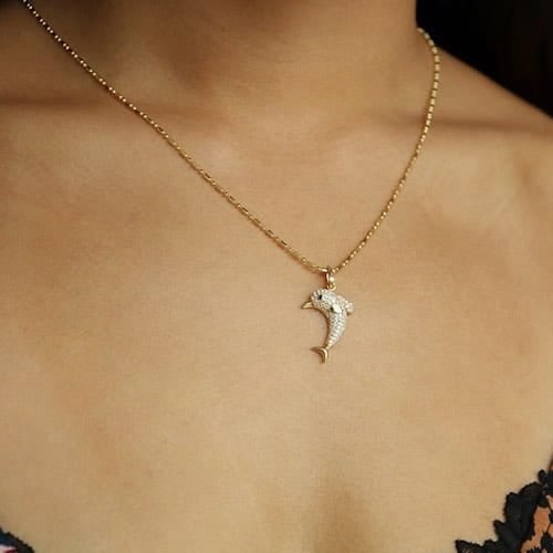14K Yellow Gold CZ Pave Dolphin Charm Pendant 1.2"