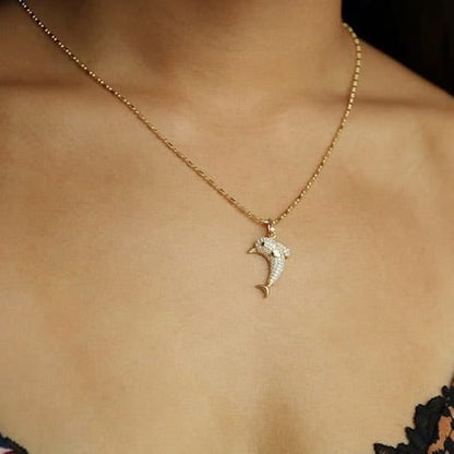 14K Yellow Gold CZ Pave Dolphin Charm Pendant 1.2"