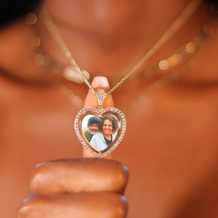 14K Yellow Gold CZ Frame Two - Sided Rotating Heart Picture Pendant - WJD Exclusives