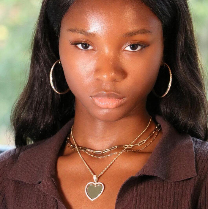 14K Yellow Gold CZ Frame Two - Sided Rotating Heart Picture Pendant - WJD Exclusives