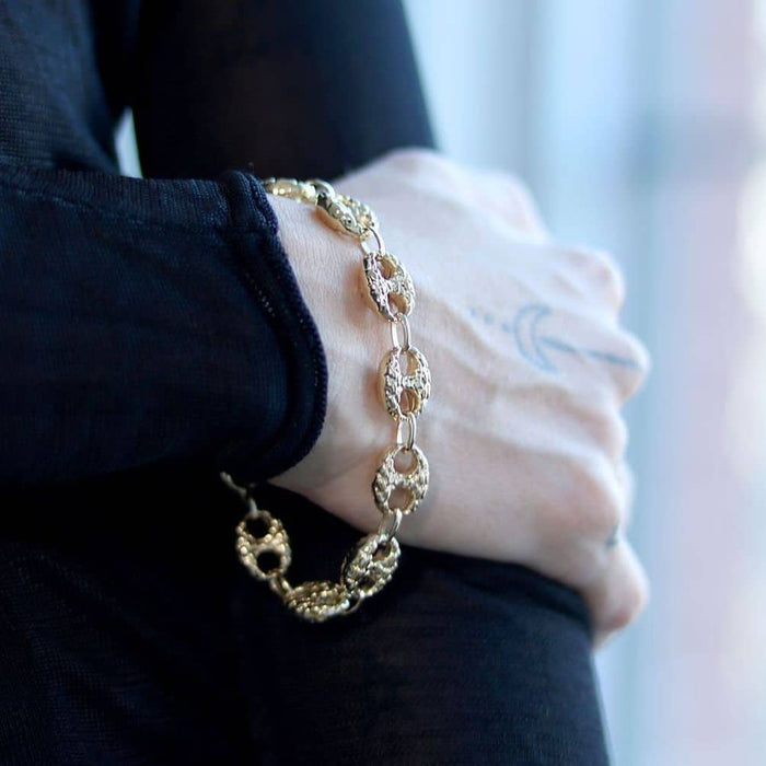 10K Yellow Gold 10mm 12mm Puffed Anchor Mariner Nugget Bracelet (Hollow) 8.5"
