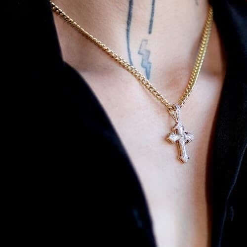 0.42CT TW. Natural Diamond Religious Cross Pendant 10K Yellow Gold 0.75"