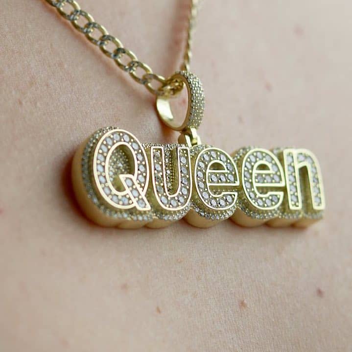18K Yellow Gold Over Silver CZ Pave QUEEN Pendant