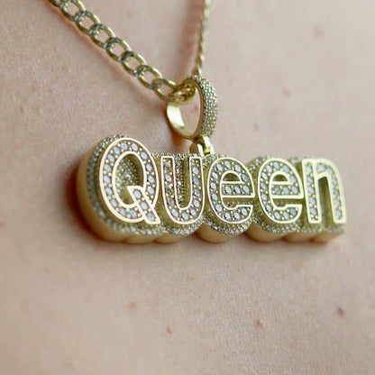 18K Yellow Gold Over Silver CZ Pave QUEEN Pendant