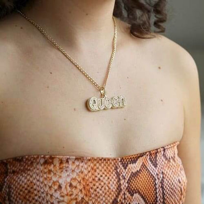 18K Yellow Gold Over Silver CZ Pave QUEEN Pendant