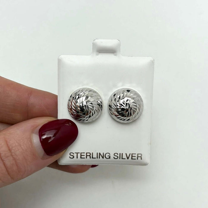 925 Sterling Silver Textured Diamond-Cut Dome Stud Earrings 14mm
