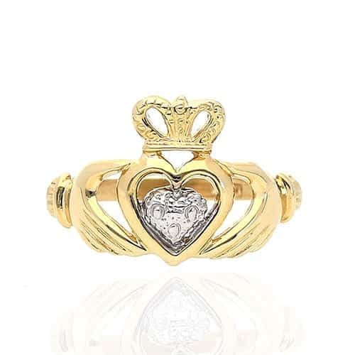 10k Yellow & White Gold Irish Claddagh Heart & Crown Textured Ring