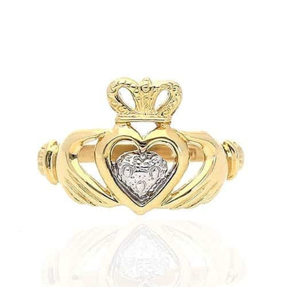 10k Yellow & White Gold Irish Claddagh Heart & Crown Textured Ring