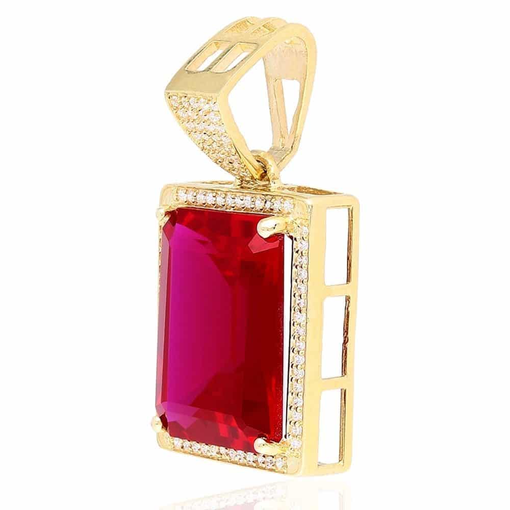 14Ct Emerald Cut Simulated Ruby Solitaire Halo 10k Yellow Gold Pendant 1.2"