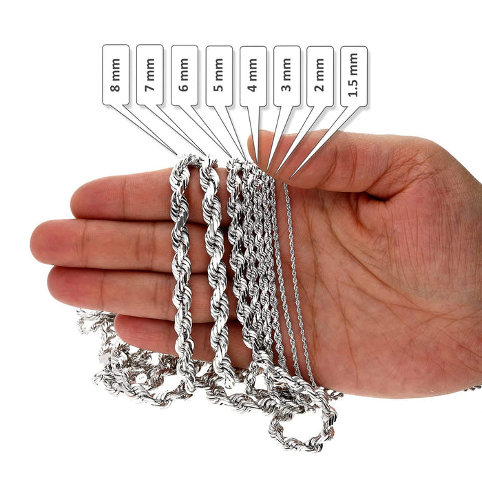 14K White Gold 7mm Diamond-Cut Rope Chain (Solid Links) 24"-30"