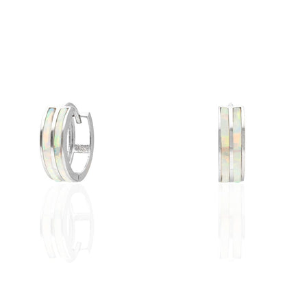 925 Sterling Silver 2-Stripe Fire Opal Huggie Hoop Earrings 0.5"