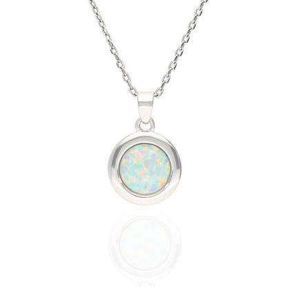 925 Silver Cabochon Blue Purple White Fire Opal Round Pendant Necklace 18"