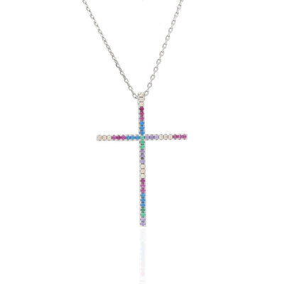Yellow White Gold Over 925 Silver Multicolor Rainbow Gemstone Cross Pendant