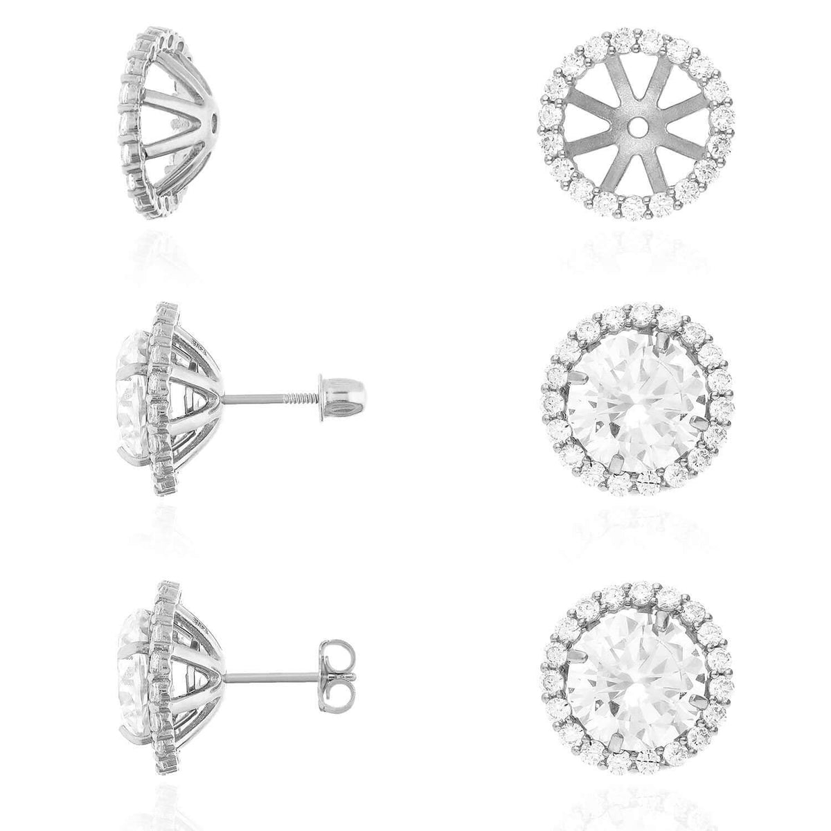 Real 14K Gold White Halo CZ Earrings Jackets And Studs