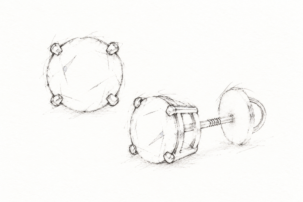 Design concept for four-prong round lab-grown diamond screw-back studs in 14K white gold
